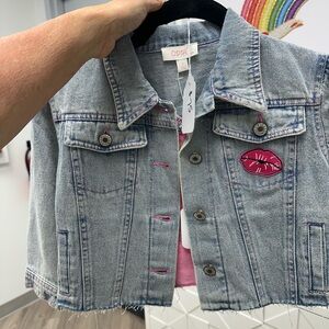 NWT Upcycled Kids Denim Jacket Pink Heart Patches lips, unicorn size small